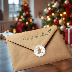 Kerstvakantie peperkoek man en sneeuwvlokken ronde sticker