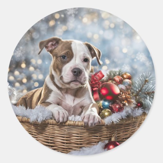 Kerstvakantie Pitbull Puppy Ronde Sticker (Voorkant)