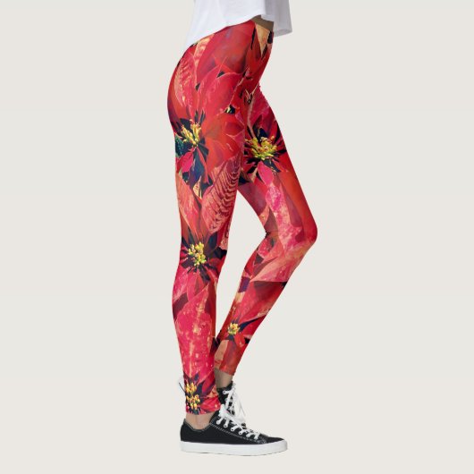 Kerstvakantie Poinsettia Bloemenkunst Leggings (Rechts)