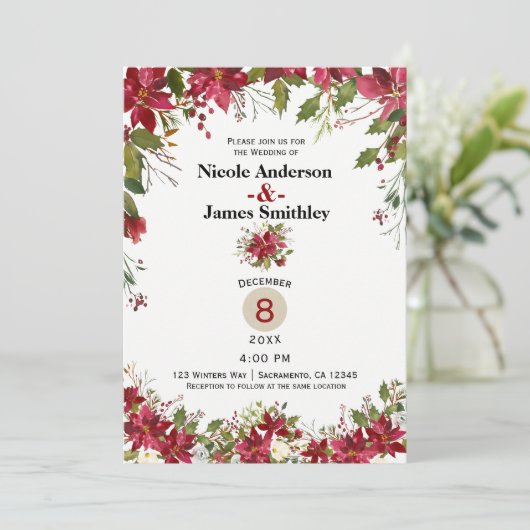 Kerstvakantie Poinsettia Holly Berry Wedding Kaart (Staand voorkant)
