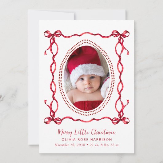 Kerstvakantie Red Bow Foto Geboorteaankondiging Feestdagenkaart (Voorkant)