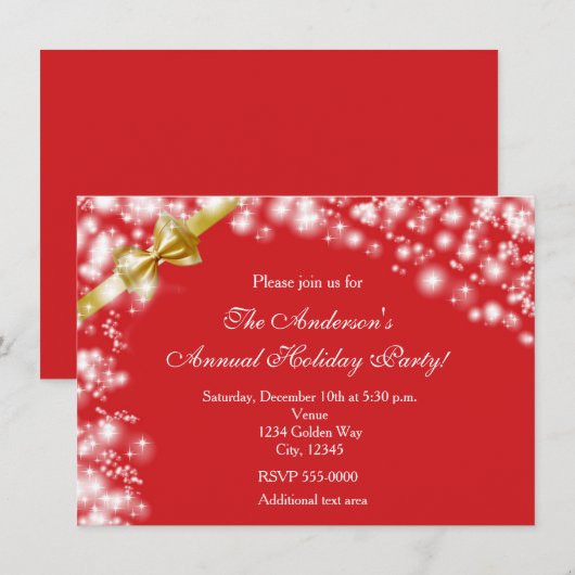 Kerstvakantie Red & Bow Sparkles uitnodiging (Voorkant / Achterkant)