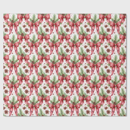 Kerstvakantie Red Gingham Check Bows Cadeaupapier (Vlak)