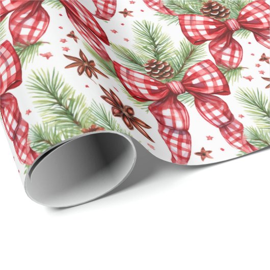 Kerstvakantie Red Gingham Check Bows Cadeaupapier (Rol Hoek)