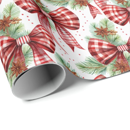 Kerstvakantie Red Gingham Check Bows Cadeaupapier (Rol Hoek)