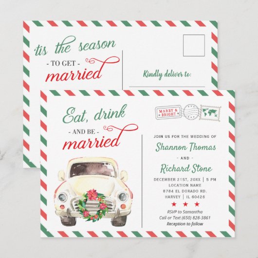 Kerstvakantie Reizen Rood Huwelijksuitnodiging Briefkaart (Voorkant / Achterkant)