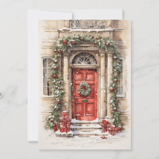 Kerstvakantie Rode Deur Kunst Kerstmis Plat Kaart (Voorkant)