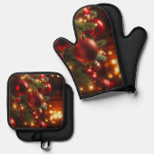 Kerstvakantie  Rode Ornamenten Ovenwant & Pannenlap Set (Voorkant / Achterkant)