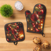 Kerstvakantie  Rode Ornamenten Ovenwant & Pannenlap Set (Top down)