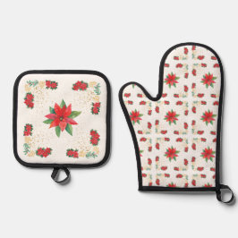 Kerstvakantie Rode Poinsettia en Goud Ovenwant & Pannenlap Set