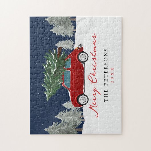 Kerstvakantie Rode Truck Kerstmis Familie Naam Legpuzzel (Verticaal)