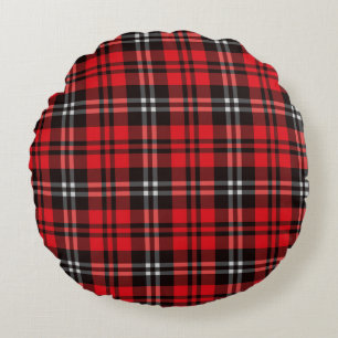 Kerstvakantie rood en zwart Tartan Rond Kussen