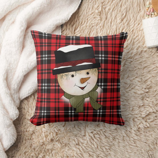 Kerstvakantie rood en zwart Tartan Snowman Kussen (Deken)
