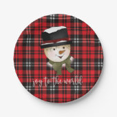 Kerstvakantie rood en zwart Tartan Snowman Papieren Bordje (Voorkant)