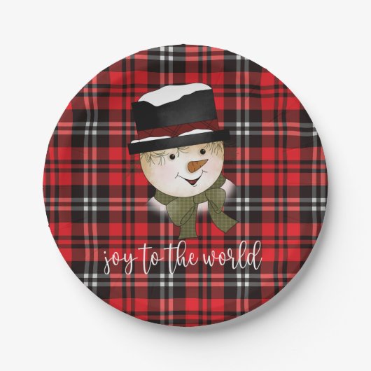 Kerstvakantie rood en zwart Tartan Snowman Papieren Bordje (Voorkant)