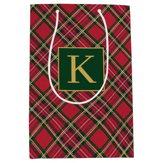 Kerstvakantie rood geruite goudfolie monogram medium cadeauzakje (Voorkant)