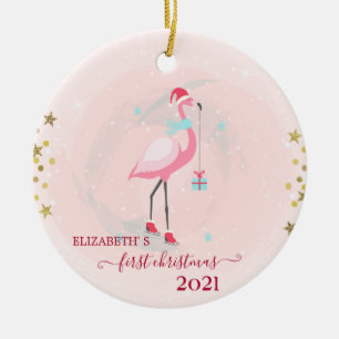 Kerstvakantie Roze Flamingo Kerstman Hoed Keramisch Ornament