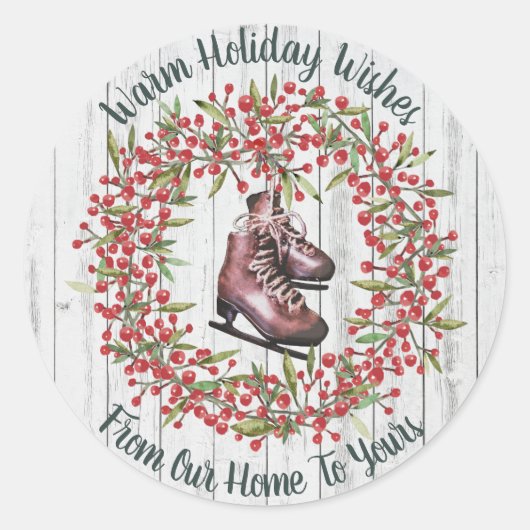 Kerstvakantie Rustieke krans en Schaatsen Ronde Sticker (Voorkant)