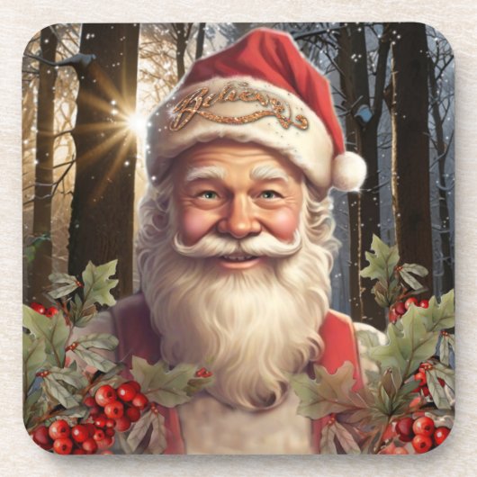 Kerstvakantie Santa Claus besneeuwd bos Bier Onderzetter (Voorkant)