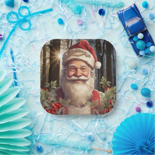 Kerstvakantie Santa Claus besneeuwd bos Papieren Bordje (Feest)