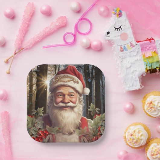 Kerstvakantie Santa Claus besneeuwd bos Papieren Bordje (Feest)