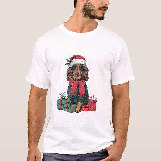 Kerstvakantie Santa Hat Ierse Setter Dog Kerstmis T-shirt (Voorkant)