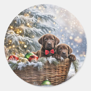 Kerstvakantie Schattige Lab Puppies Ronde Sticker