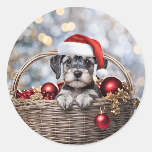 Kerstvakantie Schattigee Schnauzer Puppy Ronde Sticker (Voorkant)