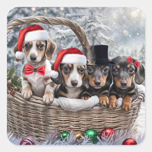 Kerstvakantie Schattigee Teckel Puppies Vierkante Sticker (Voorkant)
