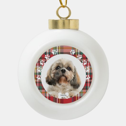 Kerstvakantie Shih Tzu Hond Huisdier Foto op Maat Keramische Bal Ornament (Voorkant)