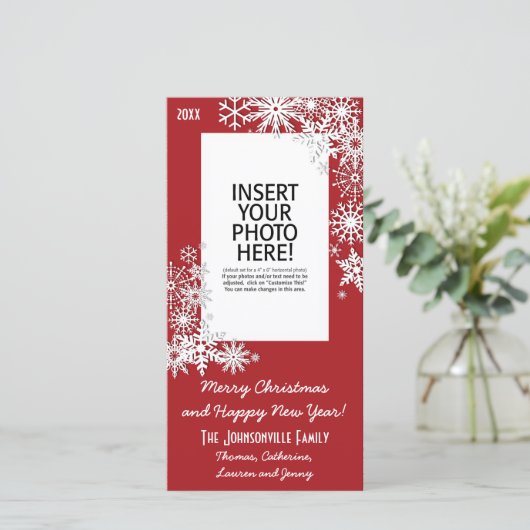 Kerstvakantie Sneeuwvlok - Rood Feestdagenkaart (Staand voorkant)