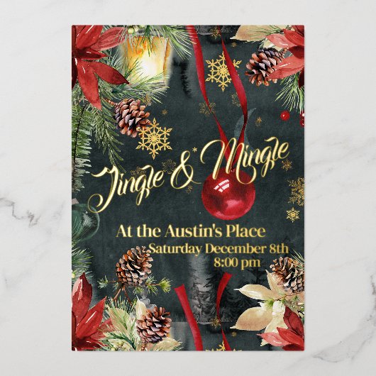 Kerstvakantie Splendor Jingle & Mingle Party Folie Uitnodiging (Voorkant)