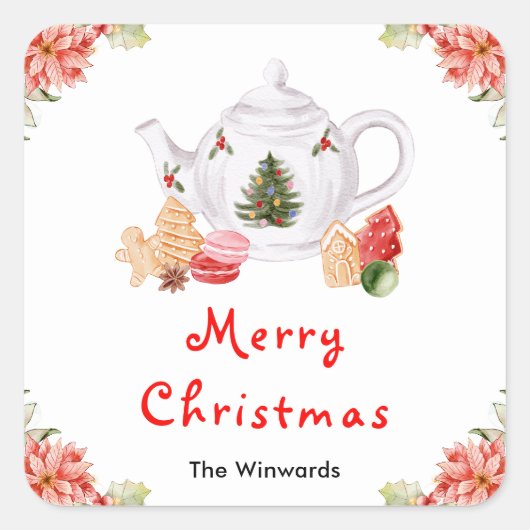 Kerstvakantie Thee Rood Kerstfeest Vierkante Sticker (Voorkant)