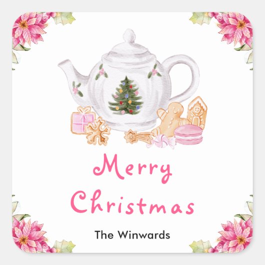 Kerstvakantie Thee Roze Prettig Kerstfeest Vierkante Sticker (Voorkant)