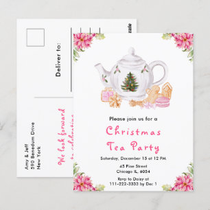 Kerstvakantie Theepartij Roze Briefkaart