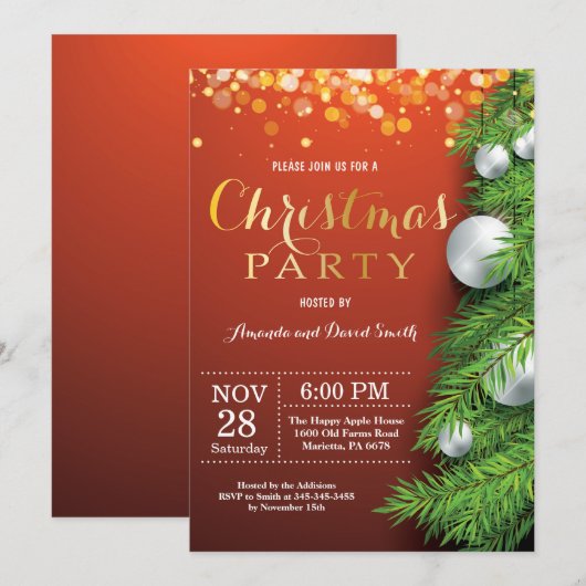 Kerstvakantie Uitnodiging Rood en Goud (Voorkant / Achterkant)