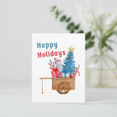 Kerstvakantie wagen met Sneeuwman  Feestdagenkaart (Staand voorkant)