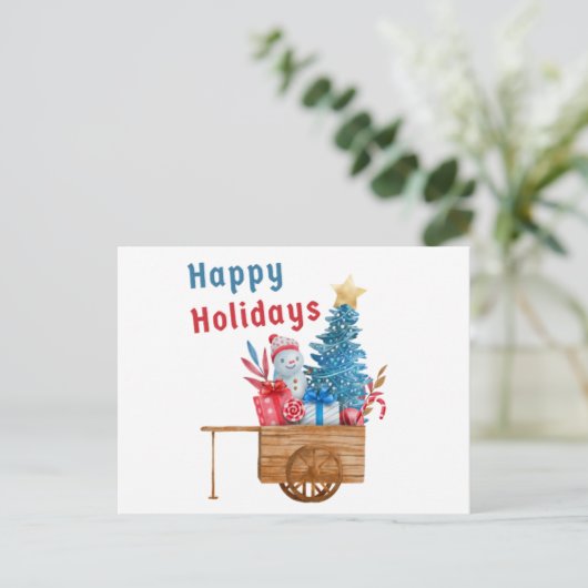 Kerstvakantie wagen met sneeuwman feestdagenkaart (Staand voorkant)