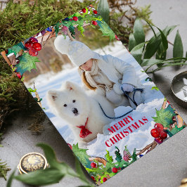 Kerstvakantie Waterverf Floral krans Foto Feestdagenkaart