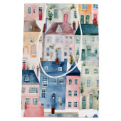 Kerstvakantie Waterverf kleurrijke huizen Medium Cadeauzakje (Achterkant)