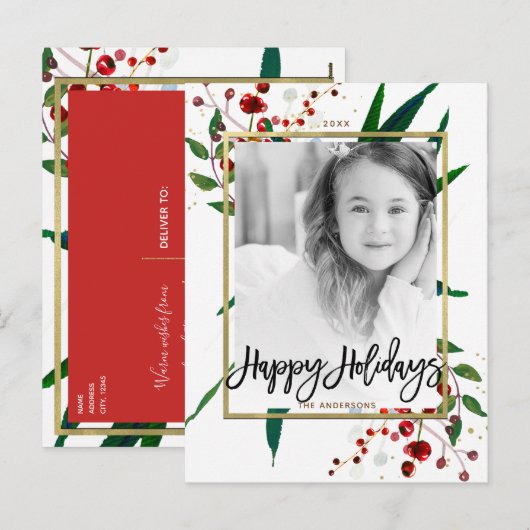 Kerstvakantie Waterverf Moderne Bloemenfoto Feestdagenkaart (Voorkant / Achterkant)