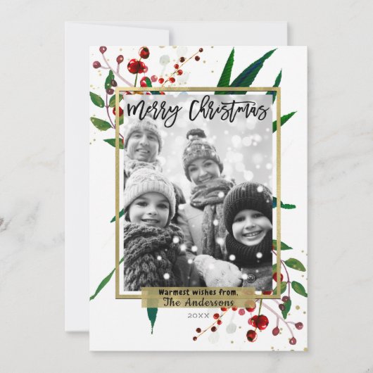 Kerstvakantie Waterverf Moderne Bloemenfoto Feestdagenkaart (Voorkant)