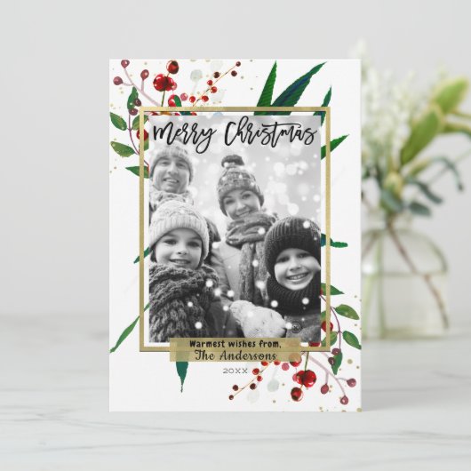 Kerstvakantie Waterverf Moderne Bloemenfoto Feestdagenkaart (Staand voorkant)