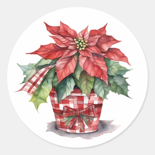 Kerstvakantie Waterverf Poinsettia Ronde Sticker (Voorkant)