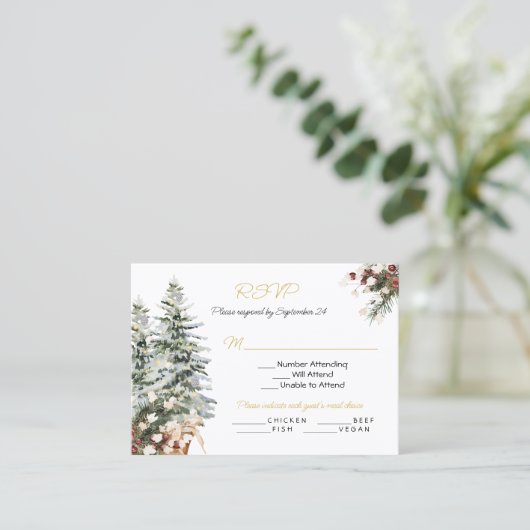 Kerstvakantie Winter bruiloft RSVP Menu Keuze Visitekaartje (Staand voorkant)
