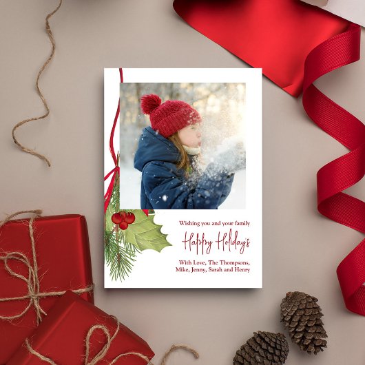 Kerstvakantie Winter groen Holly Foto Feestdagenkaart