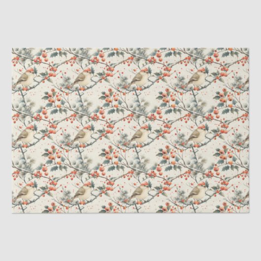 Kerstvakantie Winter Vogels Hulst Vintage Tissuepapier (Voorkant)