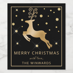 Kerstvakantie Zwart en Goud Folie Rendier Wijn Etiket