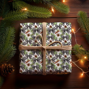 Kerstvakantie Zwart Wit Gingham Check Bows Cadeaupapier