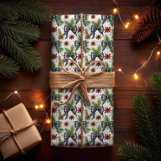 Kerstvakantie Zwart Wit Gingham Check Bows Cadeaupapier